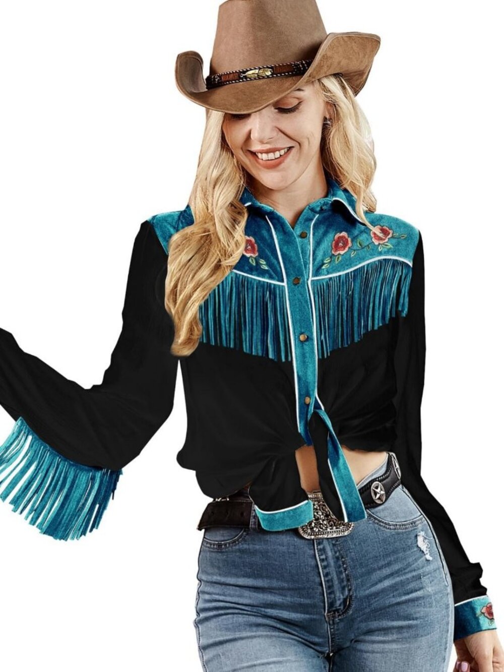 Fringe Western Shirt for Women - Stretchy, Embroidered, Boho Chic Top